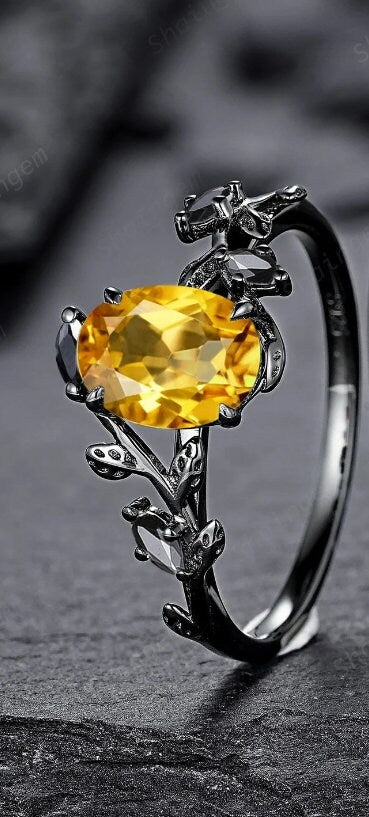 Gothic Black Gold Oval Cut Citrine Leaf Engagement Ring, Black Twig Branch Promise Ring Black Rhodium Wedding Ring Bridal Set Gift for Women - ShainJewelry