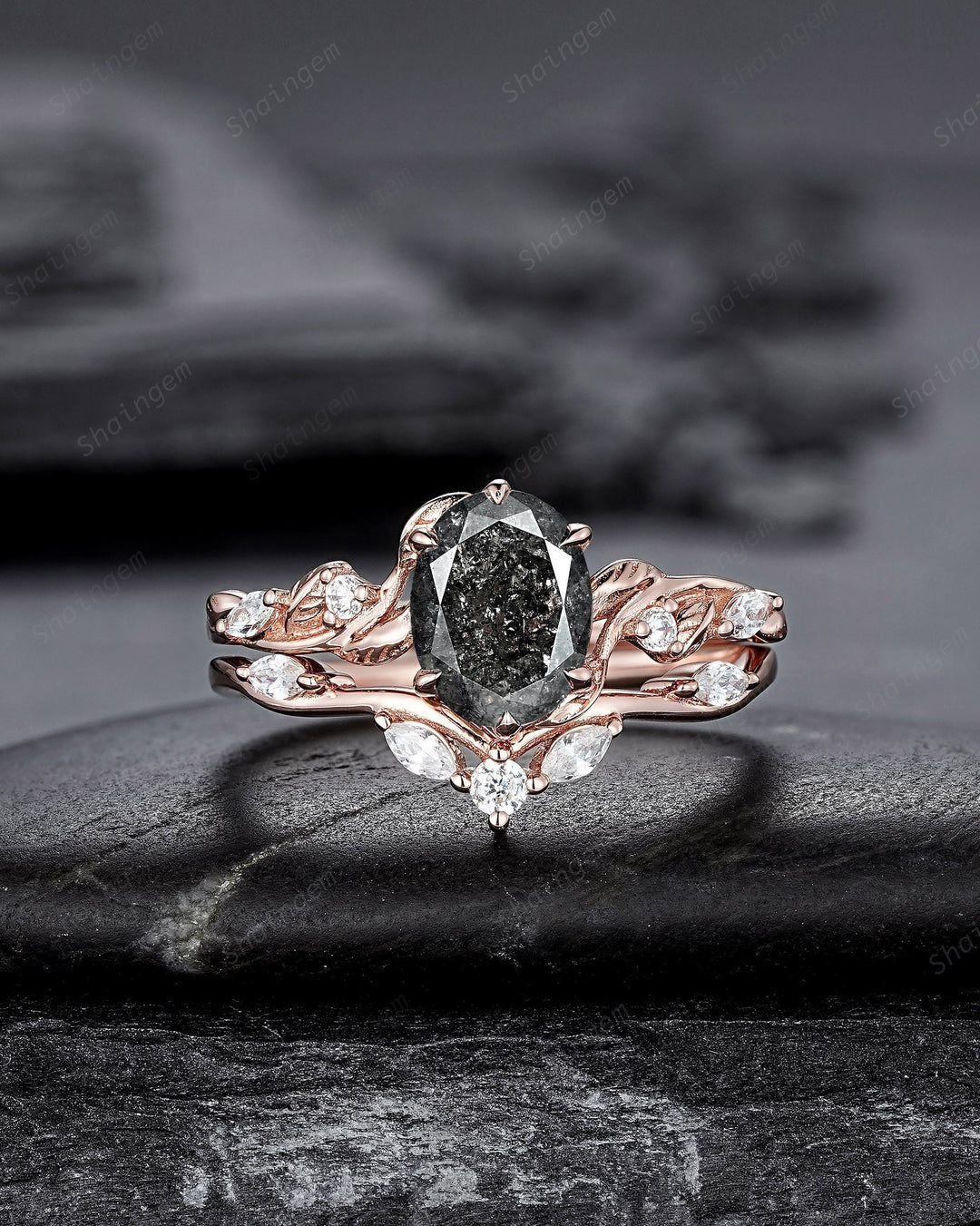 Nature Inspired Salt and Pepper Diamond Leaf Engagement Ring Set, Oval Shape Gray Diamond Twig Branch Promise Ring, Rose Gold Wedding Ring - ShainJewelry