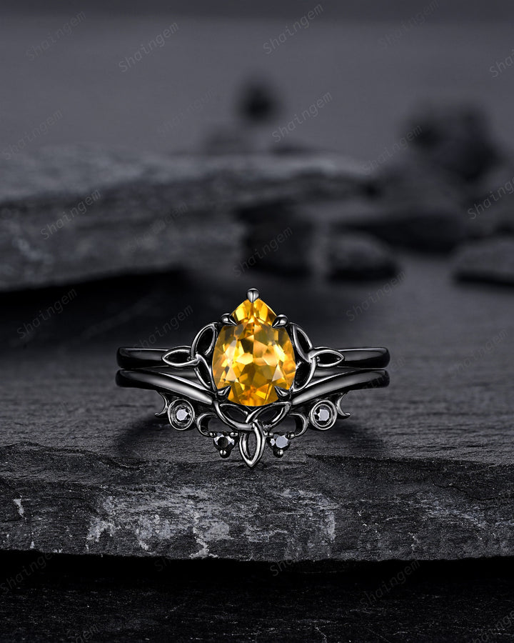 Gothic Black Pear Shape Citrine Celtic Knot Engagement Ring, Black Rhodium Yellow Stone Wedding Ring Black Promise Ring Bridal Set for her - ShainJewelry
