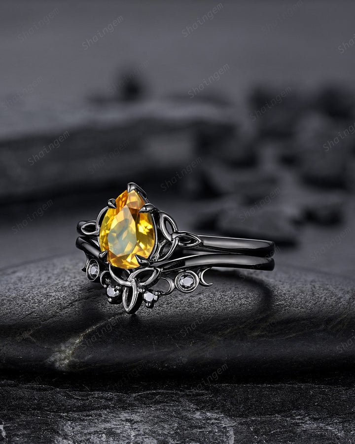 Gothic Black Pear Shape Citrine Celtic Knot Engagement Ring, Black Rhodium Yellow Stone Wedding Ring Black Promise Ring Bridal Set for her - ShainJewelry
