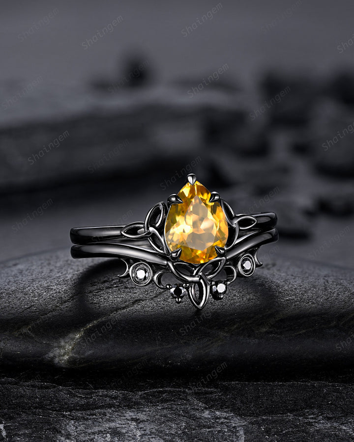 Gothic Black Pear Shape Citrine Celtic Knot Engagement Ring, Black Rhodium Yellow Stone Wedding Ring Black Promise Ring Bridal Set for her - ShainJewelry