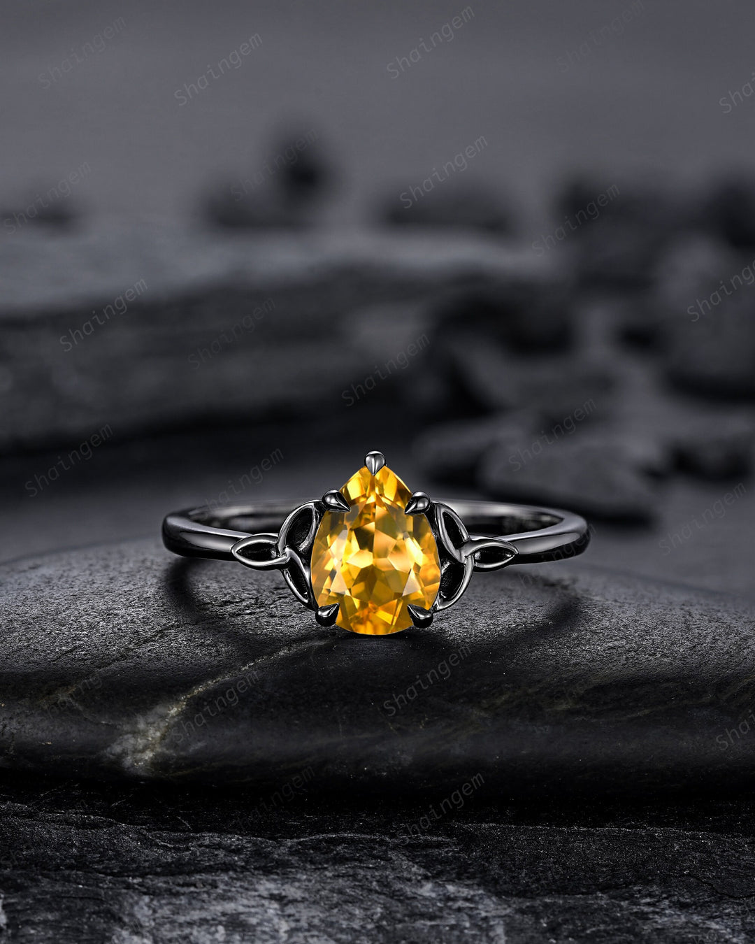 Gothic Black Pear Shape Citrine Celtic Knot Engagement Ring, Black Rhodium Yellow Stone Wedding Ring Black Promise Ring Bridal Set for her - ShainJewelry