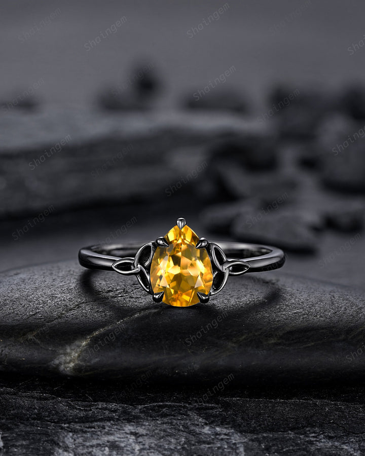 Gothic Black Pear Shape Citrine Celtic Knot Engagement Ring, Black Rhodium Yellow Stone Wedding Ring Black Promise Ring Bridal Set for her - ShainJewelry