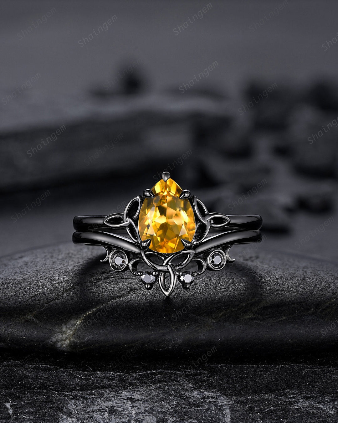 Gothic Black Pear Shape Citrine Celtic Knot Engagement Ring, Black Rhodium Yellow Stone Wedding Ring Black Promise Ring Bridal Set for her - ShainJewelry