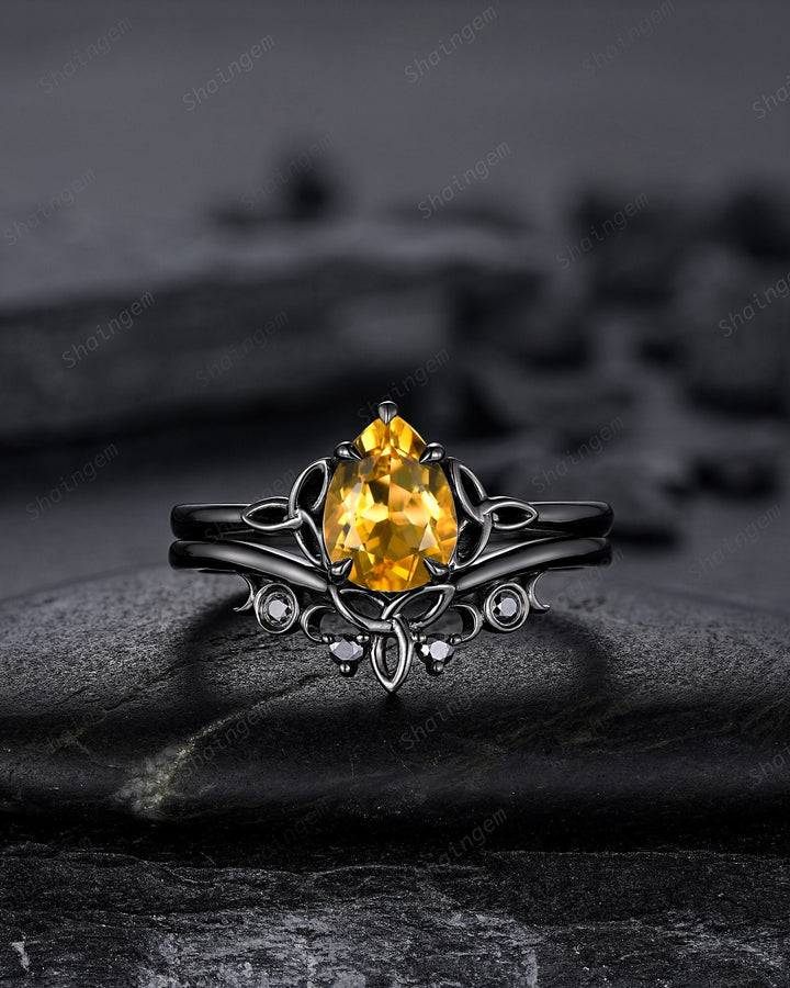 Gothic Black Pear Shape Citrine Celtic Knot Engagement Ring, Black Rhodium Yellow Stone Wedding Ring Black Promise Ring Bridal Set for her - ShainJewelry