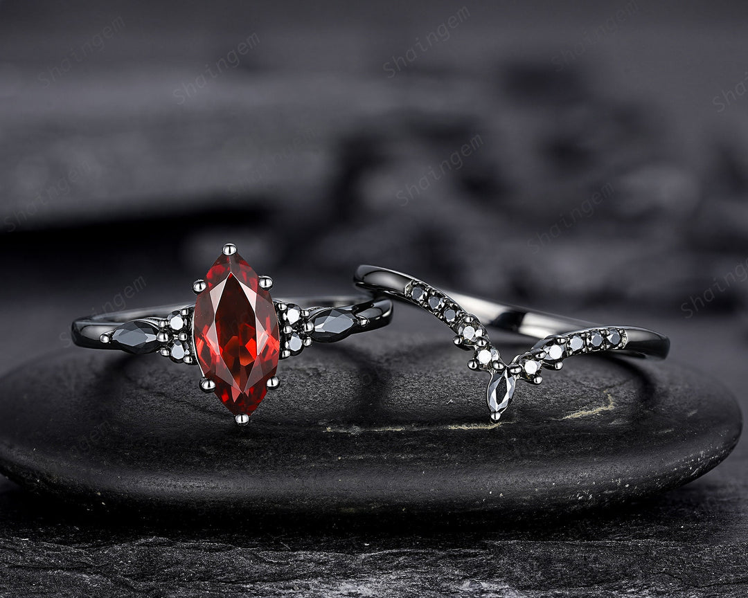 Vintage Marquise Cut Natural Garnet Black Engagement Ring Set, Gothic Black Bridal Set, Black Rhodium Wedding Set, Black Promise Ring Gift - ShainJewelry