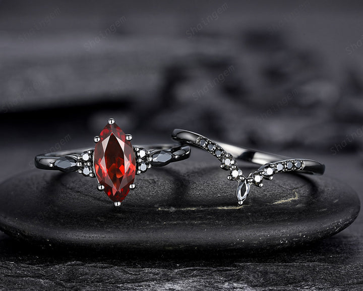 Vintage Marquise Cut Natural Garnet Black Engagement Ring Set, Gothic Black Bridal Set, Black Rhodium Wedding Set, Black Promise Ring Gift - ShainJewelry