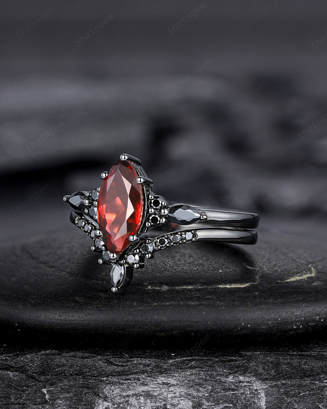 Vintage Marquise Cut Natural Garnet Black Engagement Ring Set, Gothic Black Bridal Set, Black Rhodium Wedding Set, Black Promise Ring Gift - ShainJewelry