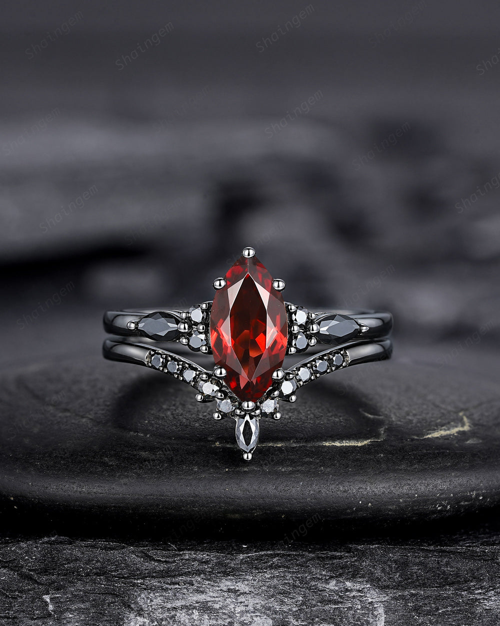 Vintage Marquise Cut Natural Garnet Black Engagement Ring Set, Gothic Black Bridal Set, Black Rhodium Wedding Set, Black Promise Ring Gift - ShainJewelry