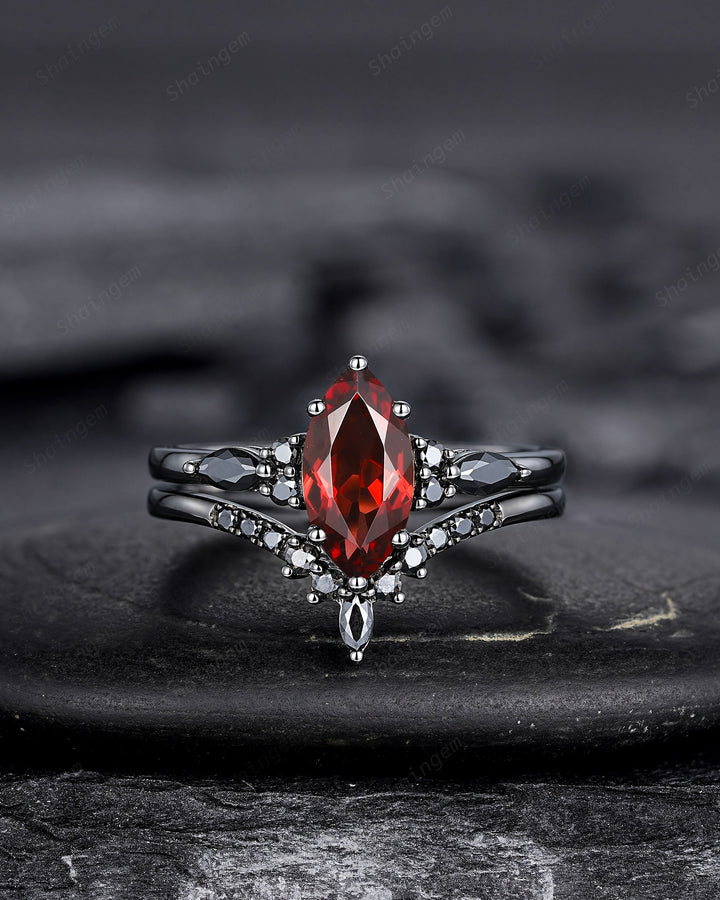 Vintage Marquise Cut Natural Garnet Black Engagement Ring Set, Gothic Black Bridal Set, Black Rhodium Wedding Set, Black Promise Ring Gift - ShainJewelry