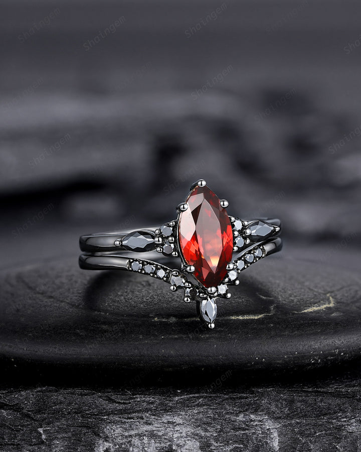 Vintage Marquise Cut Natural Garnet Black Engagement Ring Set, Gothic Black Bridal Set, Black Rhodium Wedding Set, Black Promise Ring Gift - ShainJewelry