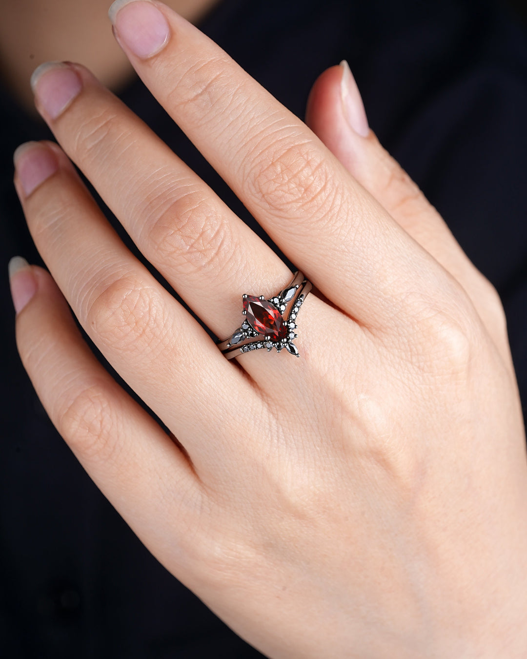 Vintage Marquise Cut Natural Garnet Black Engagement Ring Set, Gothic Black Bridal Set, Black Rhodium Wedding Set, Black Promise Ring Gift - ShainJewelry