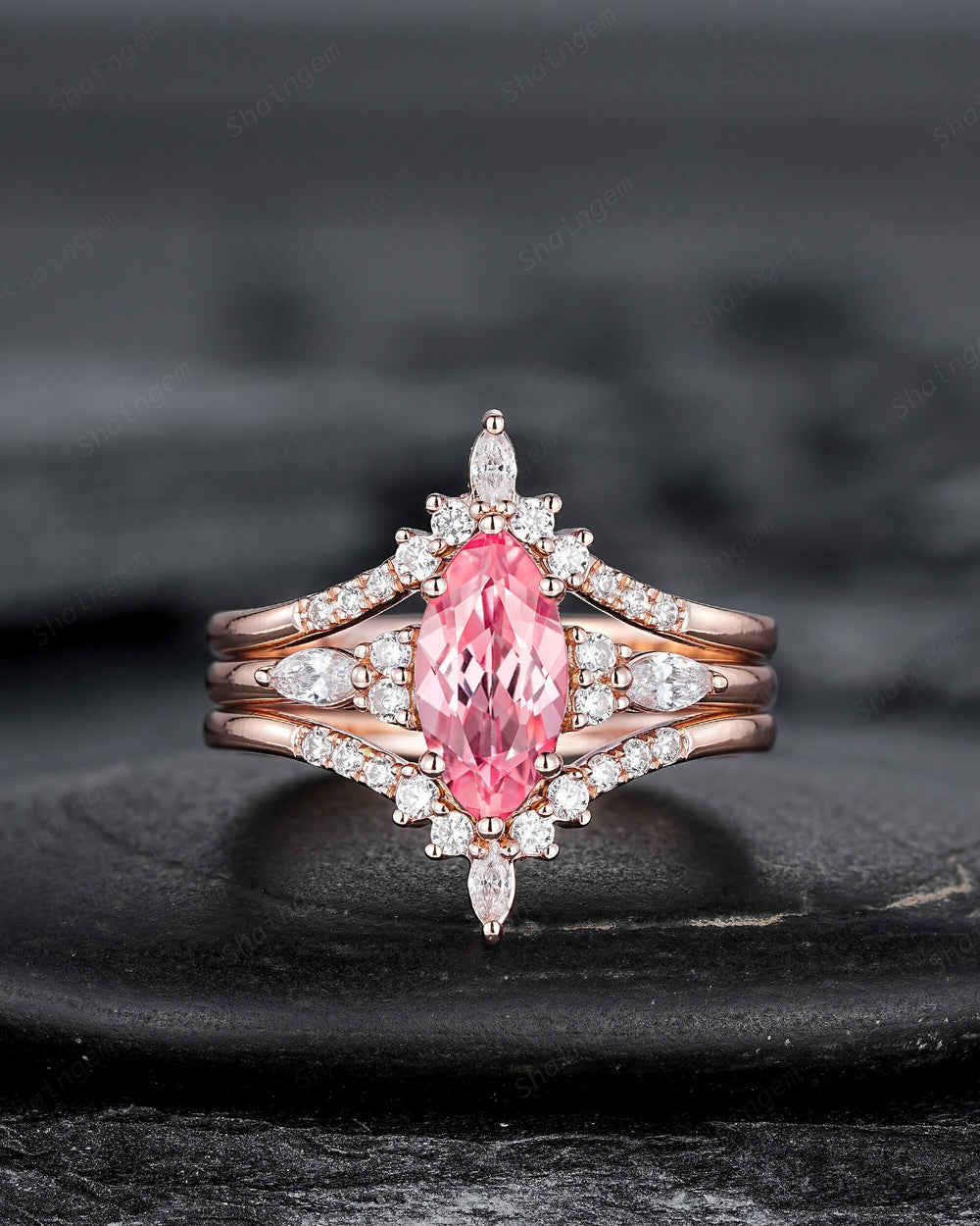 3PCS Marquise Cut Padparadscha Pink Sapphire Bridal Set, Sapphire Engagement Ring, V Shape Pink Stone Promise Ring Wedding Ring for Women - ShainJewelry