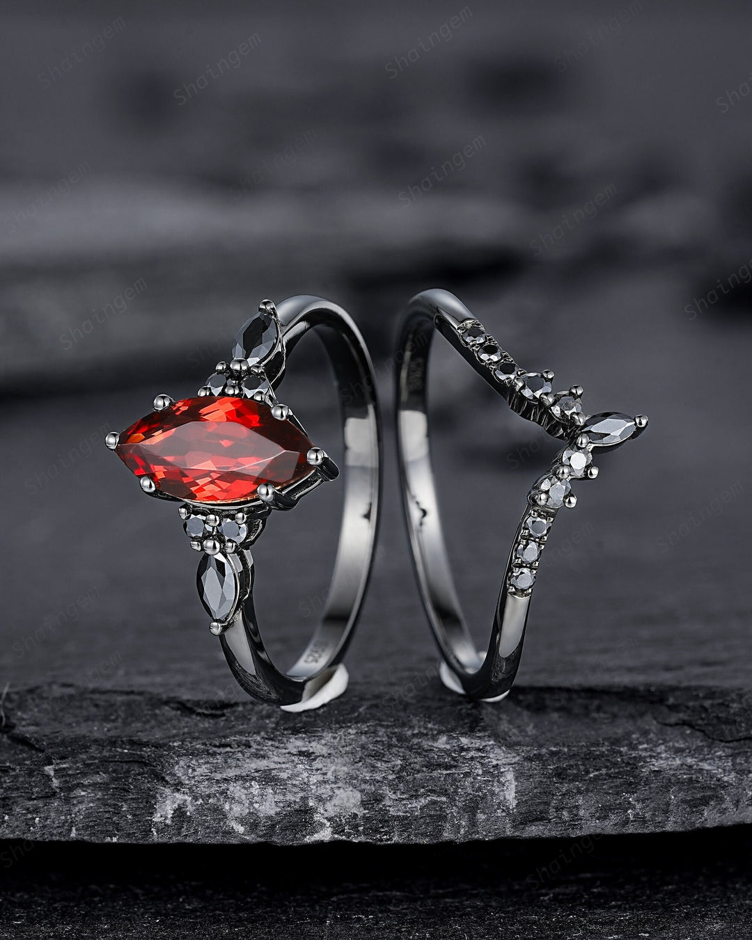 Vintage Marquise Cut Natural Garnet Black Engagement Ring Set, Gothic Black Bridal Set, Black Rhodium Wedding Set, Black Promise Ring Gift - ShainJewelry