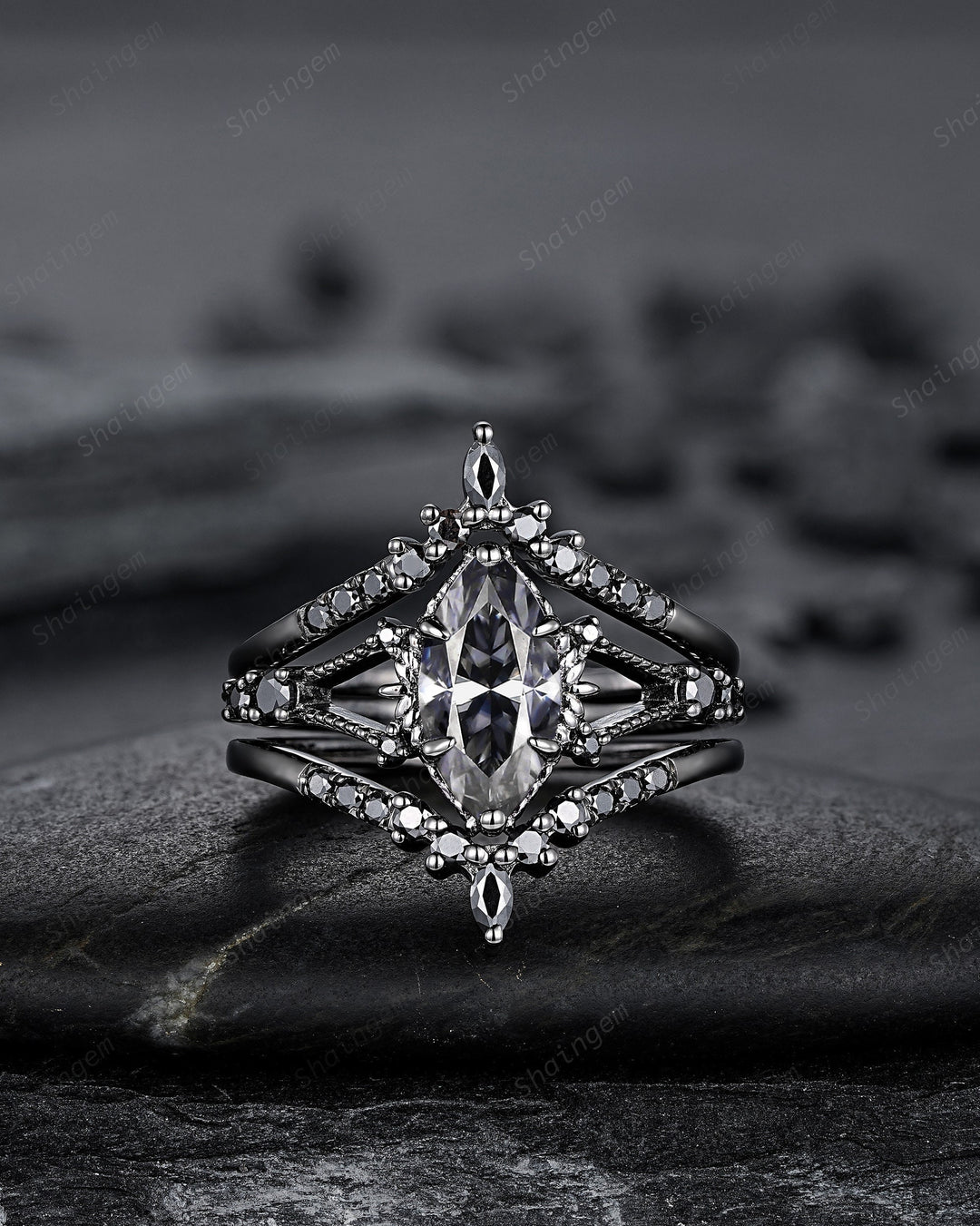 Black Gold 3PCS Marquise Cut Gray Moissanite Engagement Ring Set, Gothic Punk Bridal Set, Black Rhodium Wedding Set, Black Promise Ring Gift