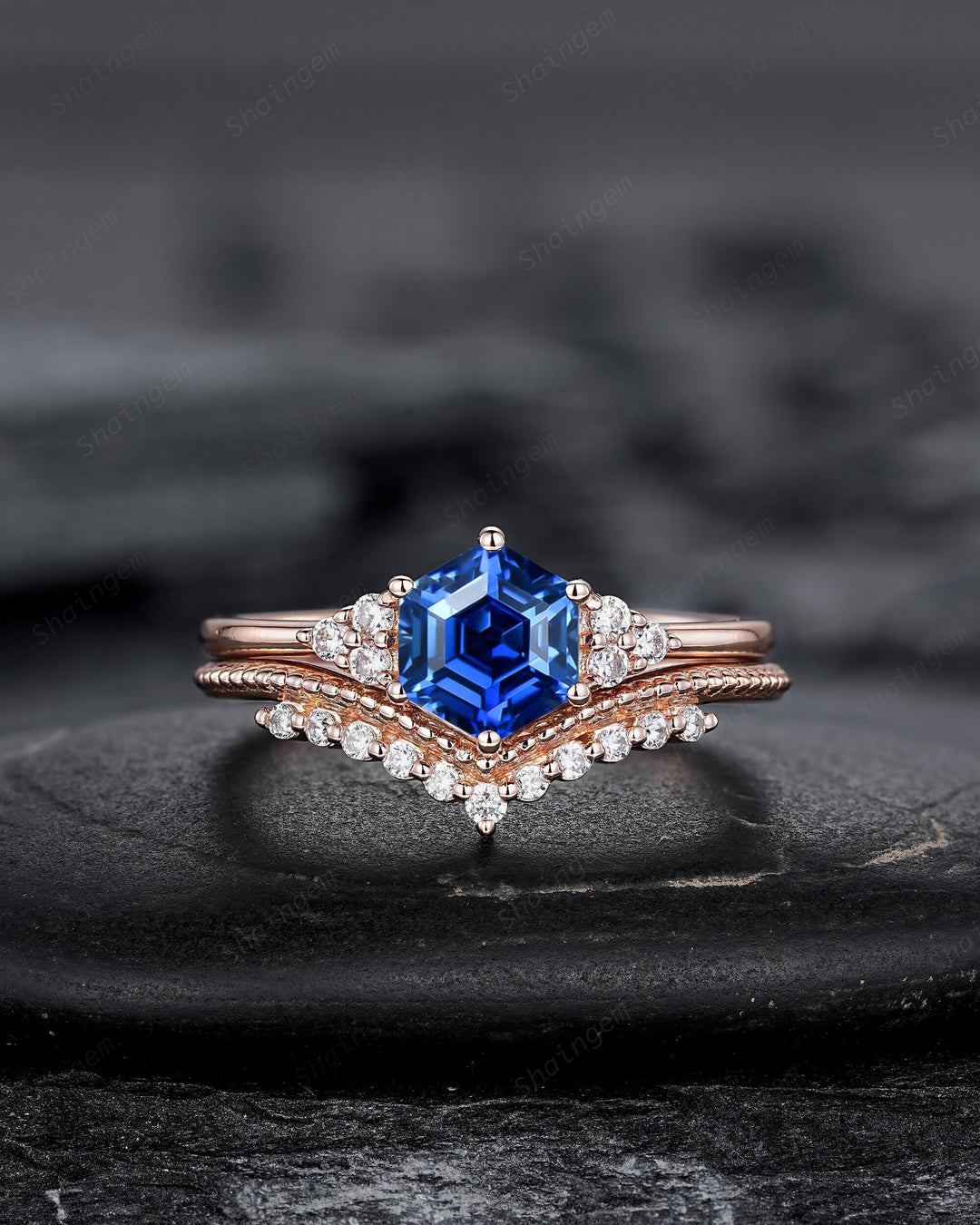 Hexagon Cut Blue Sapphire Milgrain Engagement Ring Set, Unique 14K Rose Gold Chevron Bridal Set, Curved Promise Wedding Ring Set for Women - ShainJewelry