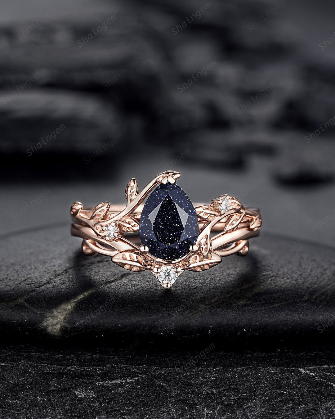 Nature Inspired Pear Shape Blue Sandstone Leaf Engagement Ring Set, 14K Rose Gold Twig Branch Promise Ring, Vine Anniversary Gift for Women - ShainJewelry