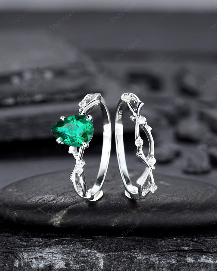Platinum Pear Cut Emerald and Diamond Engagement Ring Set 14K White Gold Moissanite Branch Twig Promise Wedding Ring Bridal Set For Women - ShainJewelry