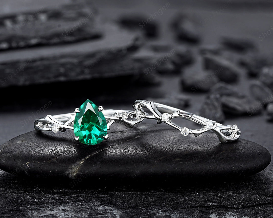 Platinum Pear Cut Emerald and Diamond Engagement Ring Set 14K White Gold Moissanite Branch Twig Promise Wedding Ring Bridal Set For Women - ShainJewelry