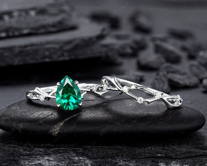 Platinum Pear Cut Emerald and Diamond Engagement Ring Set 14K White Gold Moissanite Branch Twig Promise Wedding Ring Bridal Set For Women - ShainJewelry