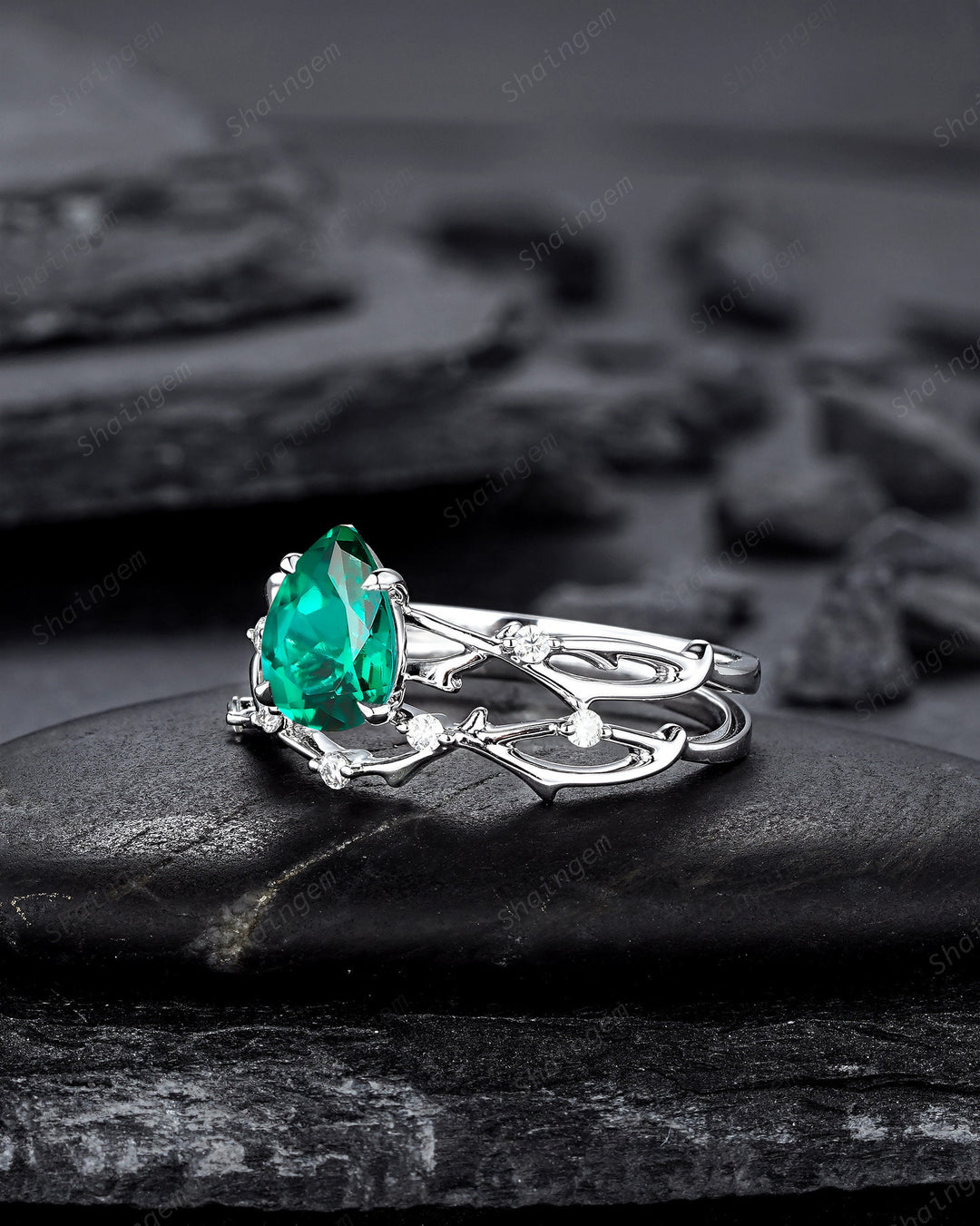 Platinum Pear Cut Emerald and Diamond Engagement Ring Set 14K White Gold Moissanite Branch Twig Promise Wedding Ring Bridal Set For Women - ShainJewelry