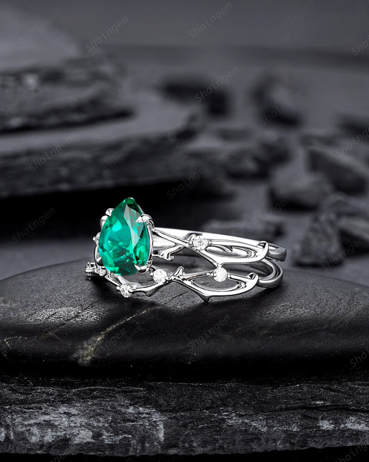 Platinum Pear Cut Emerald and Diamond Engagement Ring Set 14K White Gold Moissanite Branch Twig Promise Wedding Ring Bridal Set For Women - ShainJewelry
