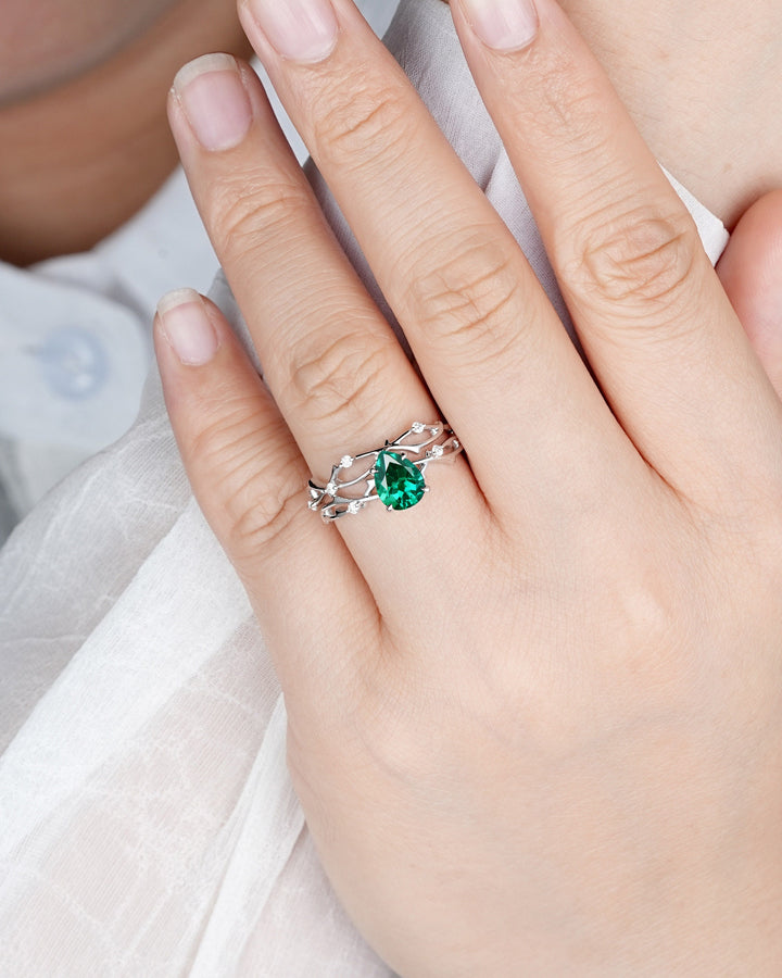 Platinum Pear Cut Emerald and Diamond Engagement Ring Set 14K White Gold Moissanite Branch Twig Promise Wedding Ring Bridal Set For Women - ShainJewelry