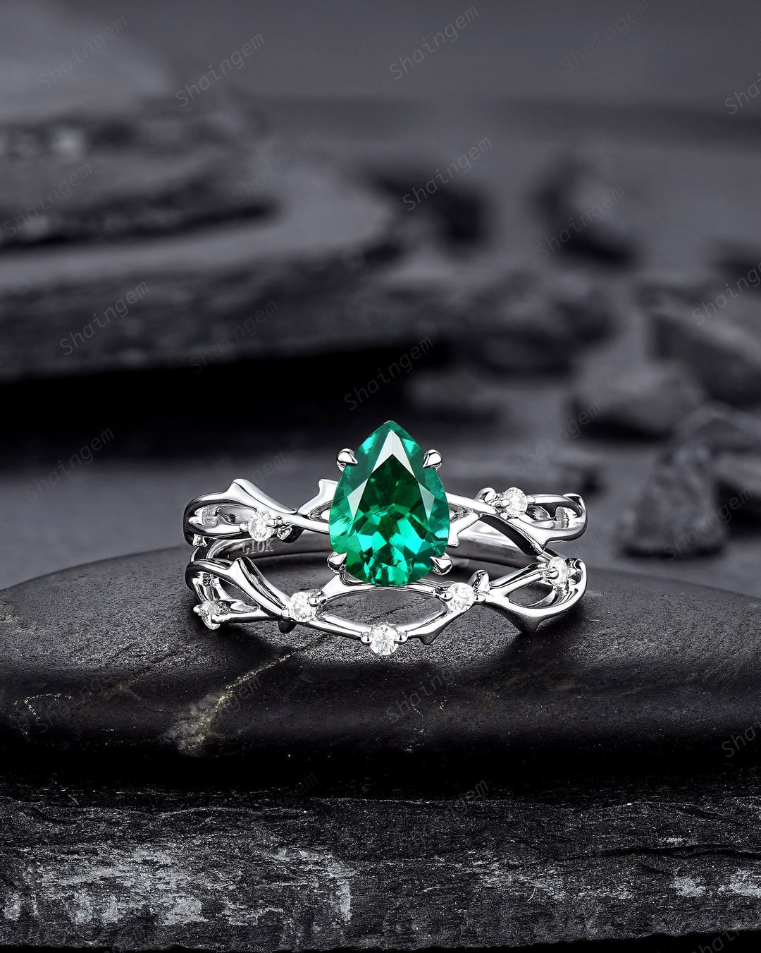 Platinum Pear Cut Emerald and Diamond Engagement Ring Set 14K White Gold Moissanite Branch Twig Promise Wedding Ring Bridal Set For Women - ShainJewelry