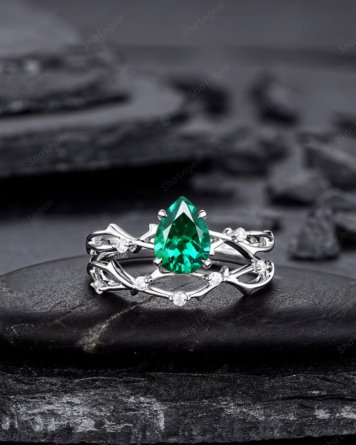Platinum Pear Cut Emerald and Diamond Engagement Ring Set 14K White Gold Moissanite Branch Twig Promise Wedding Ring Bridal Set For Women - ShainJewelry