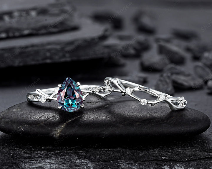 Platinum Pear Cut Alexandrite and Diamond Engagement Ring, 14K White Gold Twig Branch Promise Ring, Silver 925 Wedding Ring Gift For Women - ShainJewelry