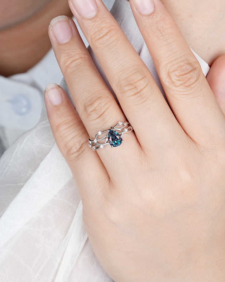 Platinum Pear Cut Alexandrite and Diamond Engagement Ring, 14K White Gold Twig Branch Promise Ring, Silver 925 Wedding Ring Gift For Women - ShainJewelry