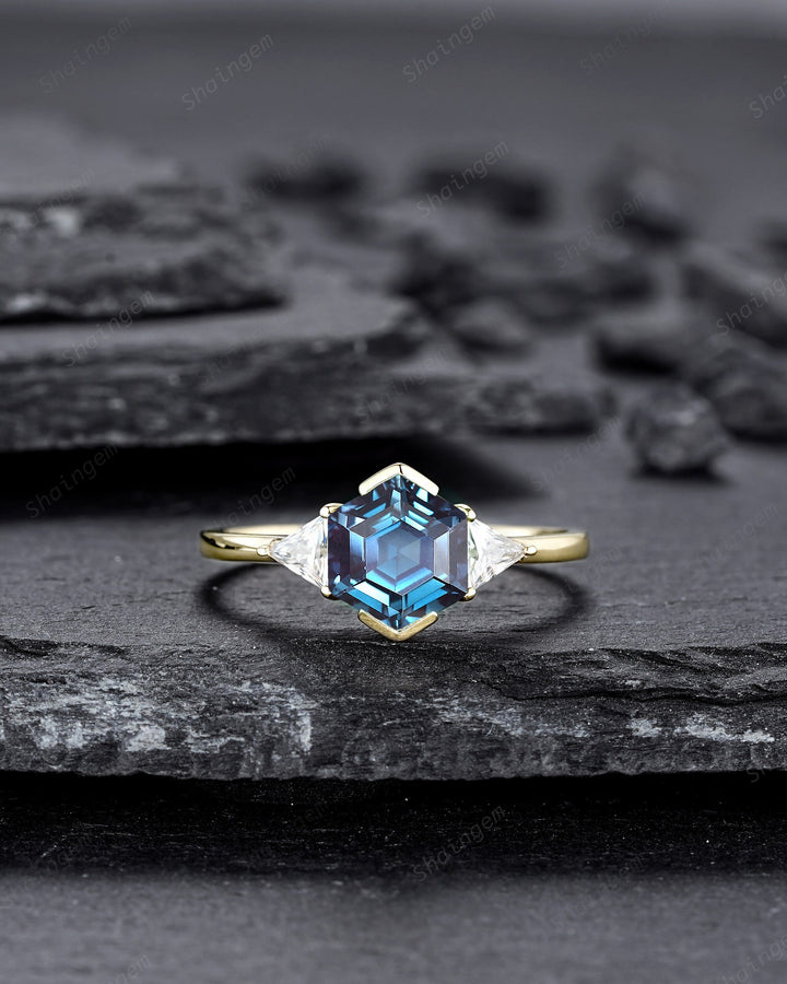 Unique Hexagon Cut Alexandrite Engagement Ring, Vintage Yellow Gold Triangle Moissanite Promise Ring, Half Bezel Three Stone Wedding Ring - ShainJewelry