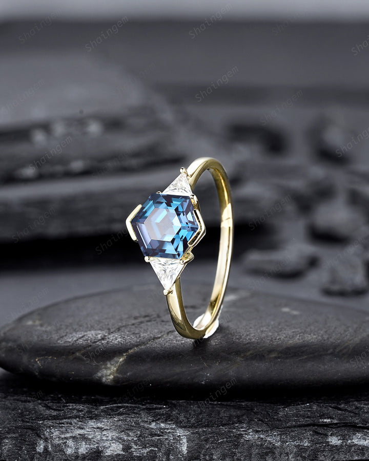 Unique Hexagon Cut Alexandrite Engagement Ring, Vintage Yellow Gold Triangle Moissanite Promise Ring, Half Bezel Three Stone Wedding Ring - ShainJewelry