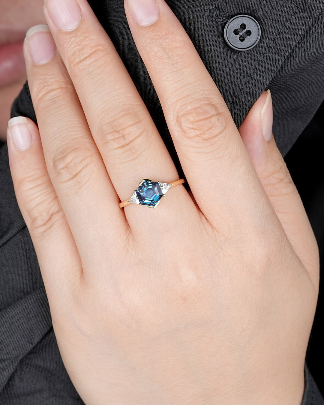 Unique Hexagon Cut Alexandrite Engagement Ring, Vintage Yellow Gold Triangle Moissanite Promise Ring, Half Bezel Three Stone Wedding Ring - ShainJewelry