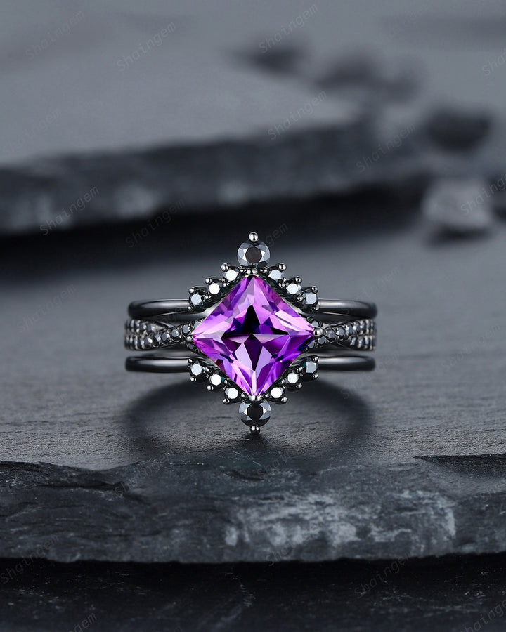 Vintage 3PCS Princess Cut Amethyst Black Engagement Ring Set, Gothic Punk Bridal Set, Black Rhodium Wedding Set, Black Promise Ring Gift - ShainJewelry