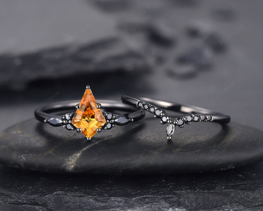 Black Rhodium Kite Shape Citrine Engagement Ring Set, Unique Black Promise Ring, Black Wedding Ring , Gothic Black Bridal Set for Women - ShainJewelry
