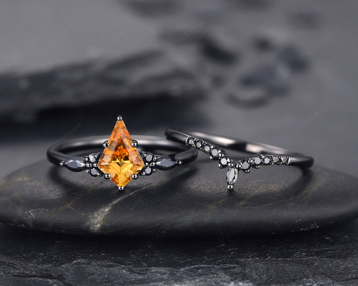 Black Rhodium Kite Shape Citrine Engagement Ring Set, Unique Black Promise Ring, Black Wedding Ring , Gothic Black Bridal Set for Women - ShainJewelry