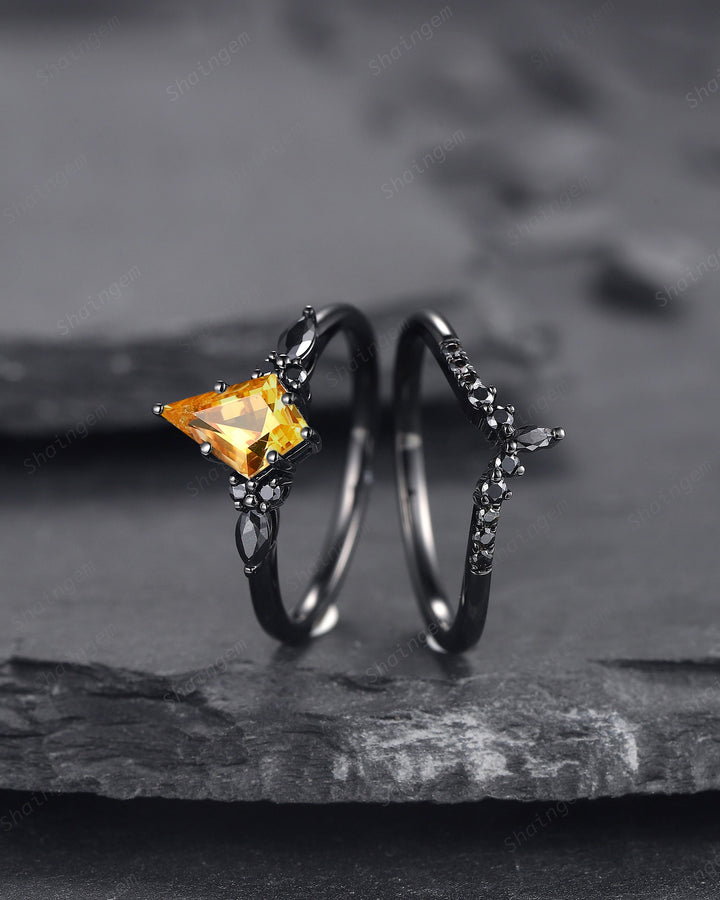 Black Rhodium Kite Shape Citrine Engagement Ring Set, Unique Black Promise Ring, Black Wedding Ring , Gothic Black Bridal Set for Women - ShainJewelry
