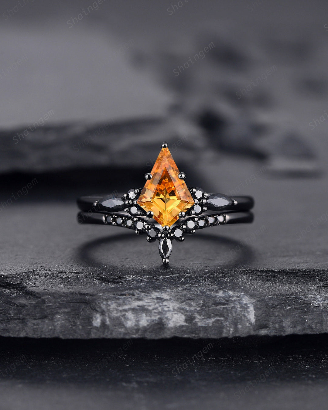 Black Rhodium Kite Shape Citrine Engagement Ring Set, Unique Black Promise Ring, Black Wedding Ring , Gothic Black Bridal Set for Women - ShainJewelry