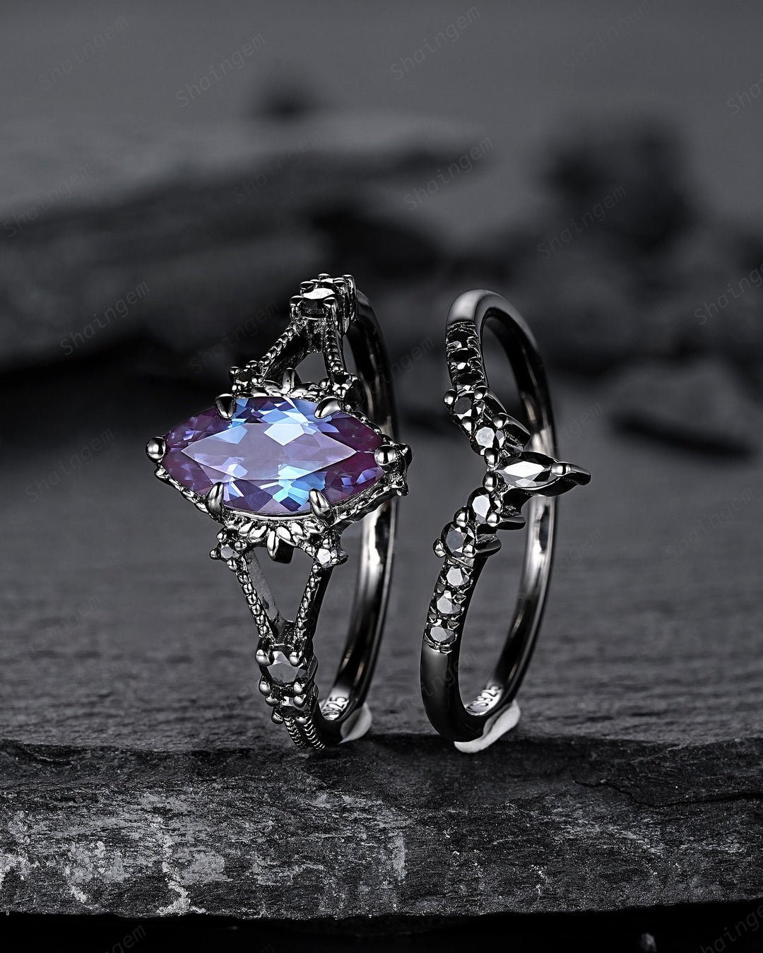 Black Gold 3PCS Marquise Cut Alexandrite Engagement Ring Set, Gothic Punk Bridal Set, Black Rhodium Wedding Set, Black Promise Ring Gift - ShainJewelry
