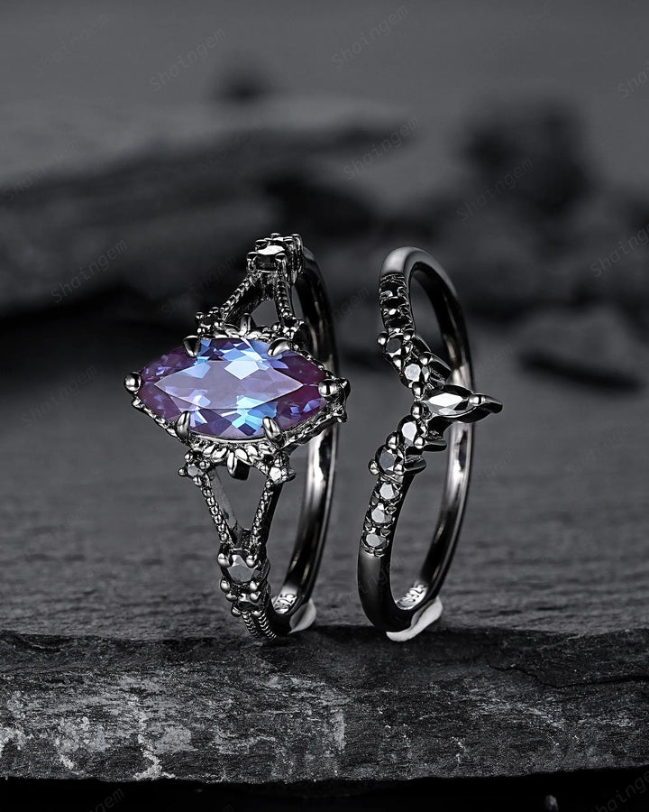 3PCS Gothic Marquise Cut Alexandrite Engagement Ring Set, Witchy Punk Bridal Set, Black Rhodium Wedding Set, Black Gold Promise Ring Gift - ShainJewelry