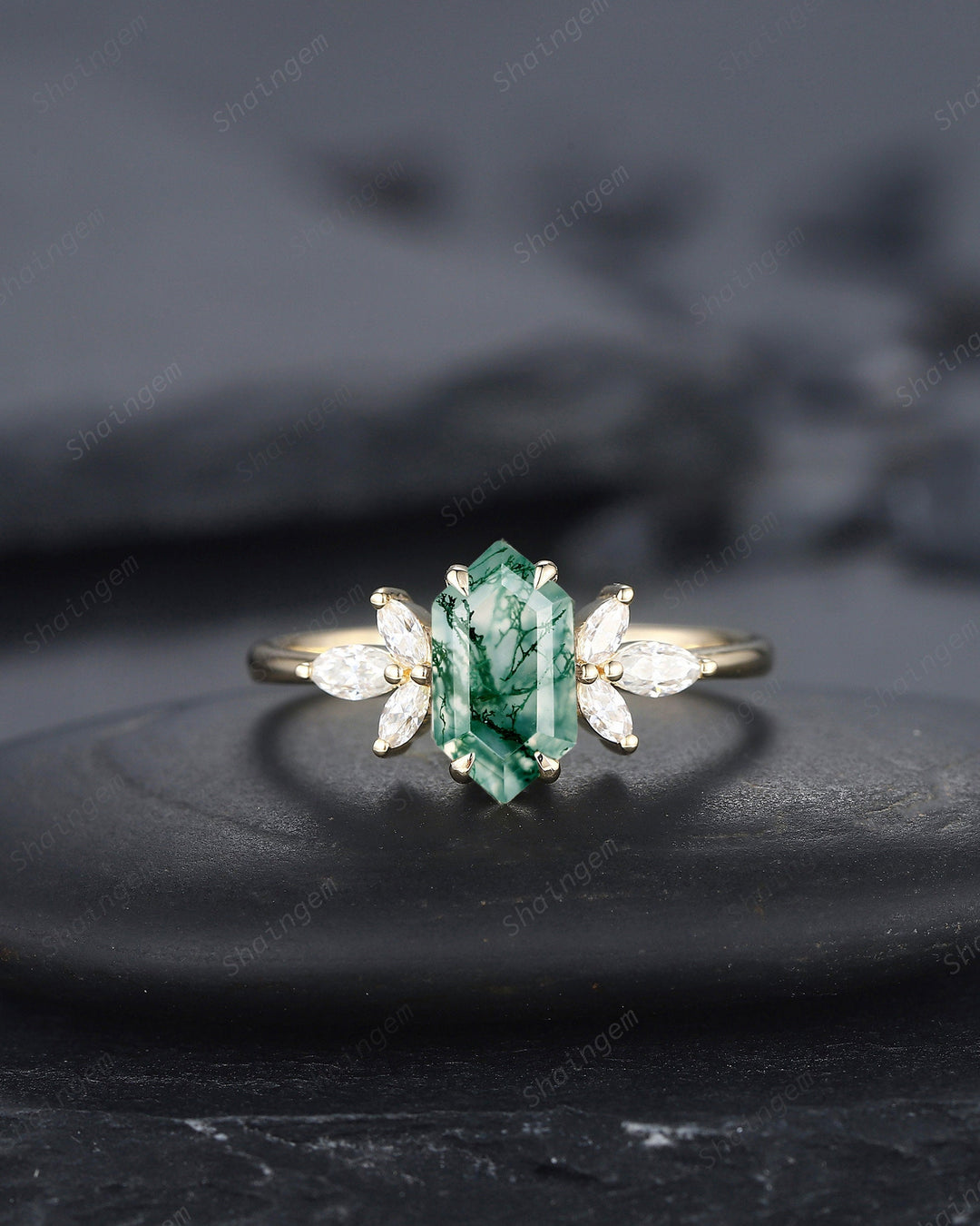 Vintage Hexagon Cut Moss Agate Cluster Engagement Ring, Yellow Gold Moss Agate Promise Ring, Silver Wedding Ring Anniversary Gift for Women - ShainJewelry