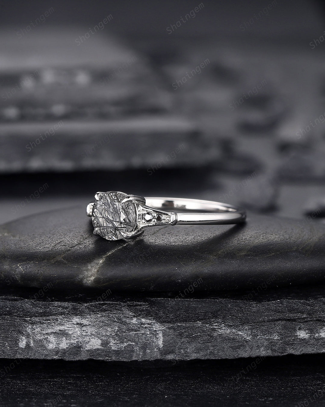 Platinum Round Shape Black Rutilated Quartz Engagement Ring, Vintage 14K White Gold Promise Ring, Silver Black Hair Wedding Anniversary Ring - ShainJewelry