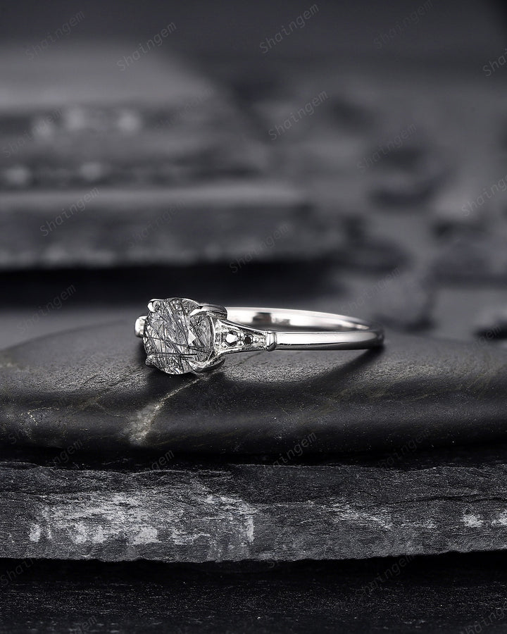 Platinum Round Shape Black Rutilated Quartz Engagement Ring, Vintage 14K White Gold Promise Ring, Silver Black Hair Wedding Anniversary Ring - ShainJewelry