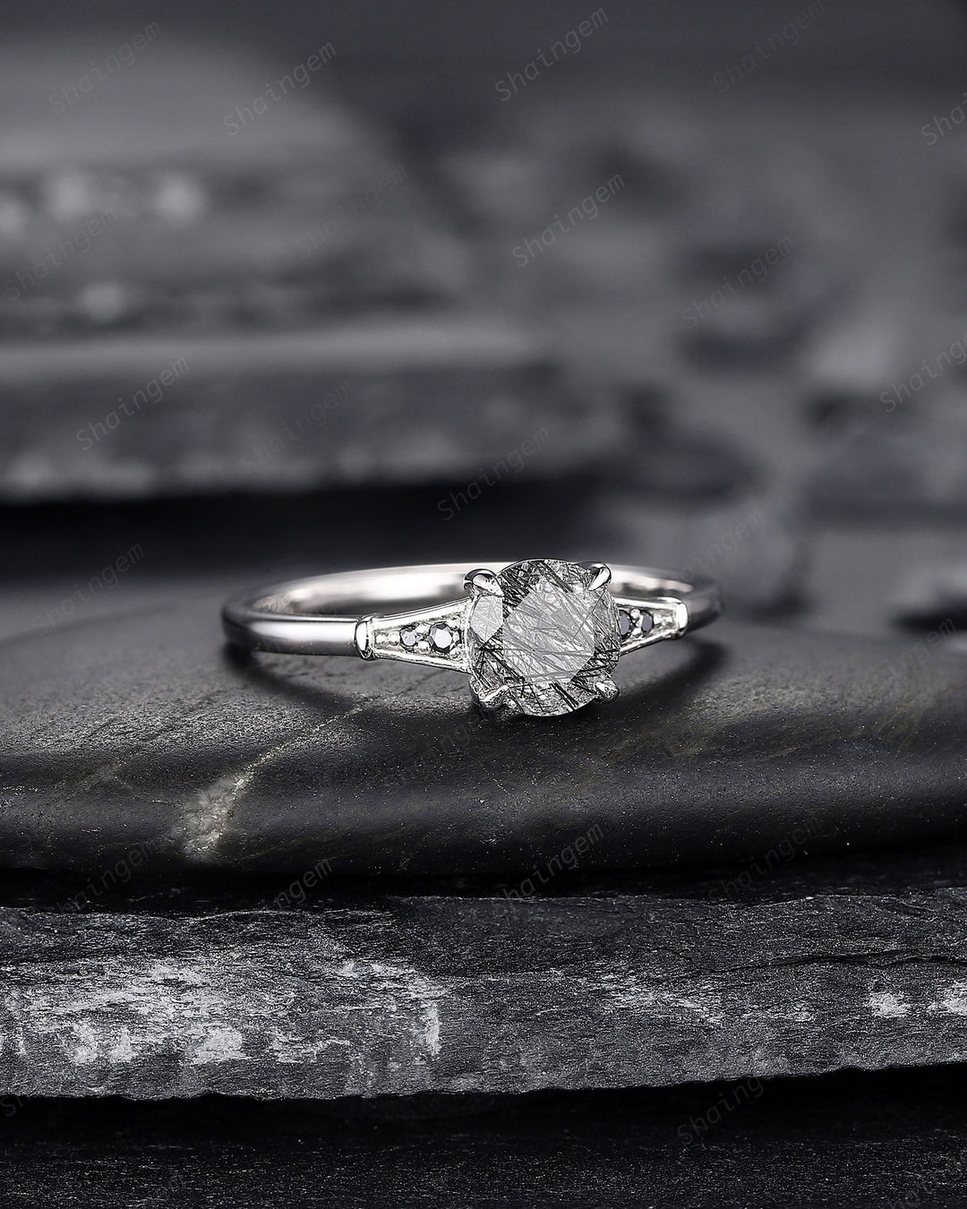 Platinum Round Shape Black Rutilated Quartz Engagement Ring, Vintage 14K White Gold Promise Ring, Silver Black Hair Wedding Anniversary Ring - ShainJewelry