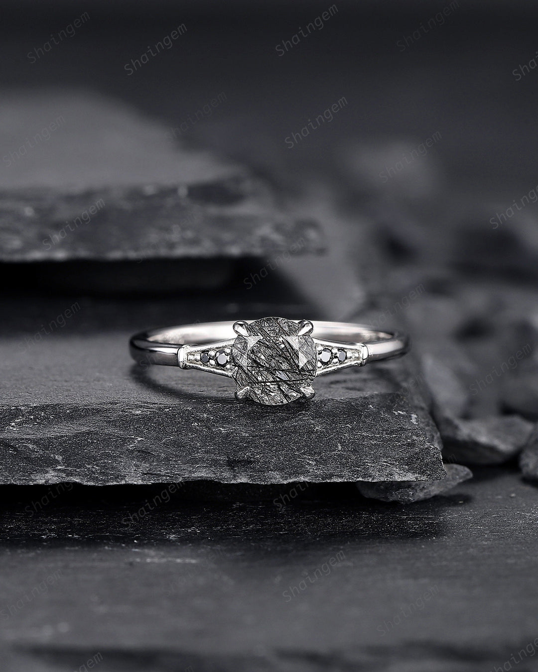 Platinum Round Shape Black Rutilated Quartz Engagement Ring, Vintage 14K White Gold Promise Ring, Silver Black Hair Wedding Anniversary Ring - ShainJewelry