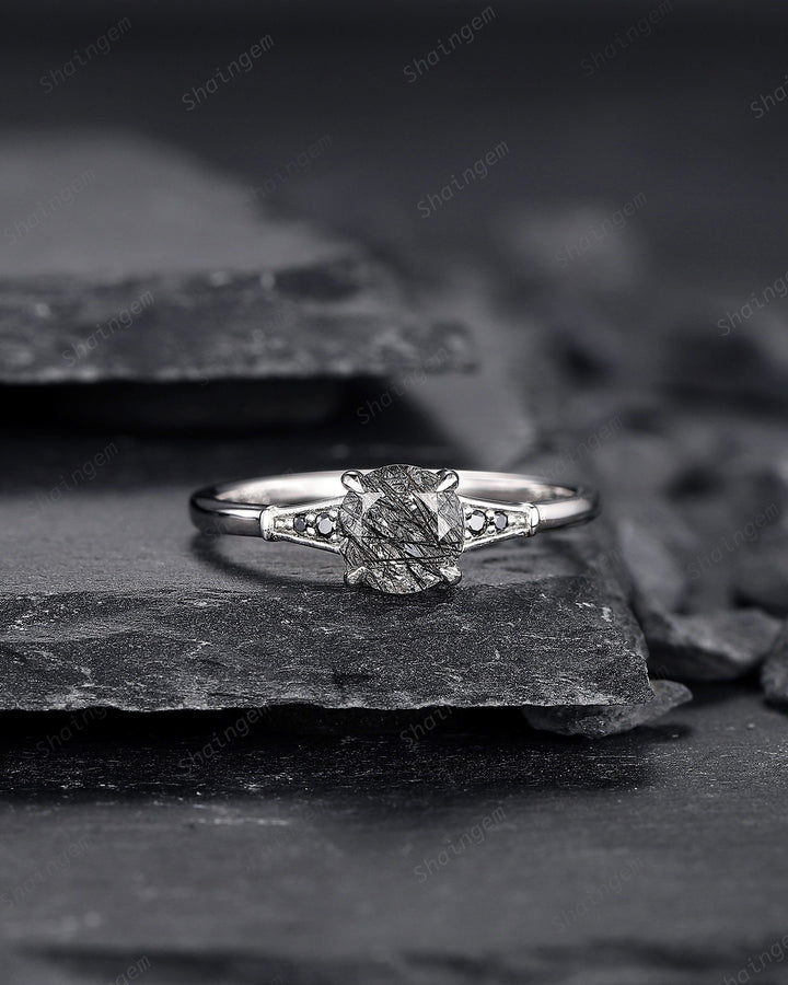 Platinum Round Shape Black Rutilated Quartz Engagement Ring, Vintage 14K White Gold Promise Ring, Silver Black Hair Wedding Anniversary Ring - ShainJewelry