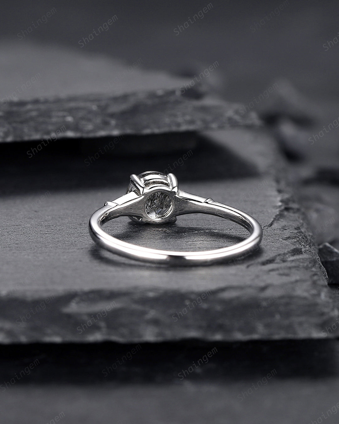 Platinum Round Shape Black Rutilated Quartz Engagement Ring, Vintage 14K White Gold Promise Ring, Silver Black Hair Wedding Anniversary Ring - ShainJewelry