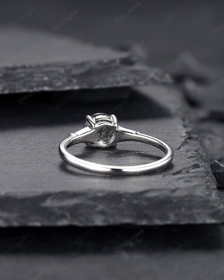 Platinum Round Shape Black Rutilated Quartz Engagement Ring, Vintage 14K White Gold Promise Ring, Silver Black Hair Wedding Anniversary Ring - ShainJewelry