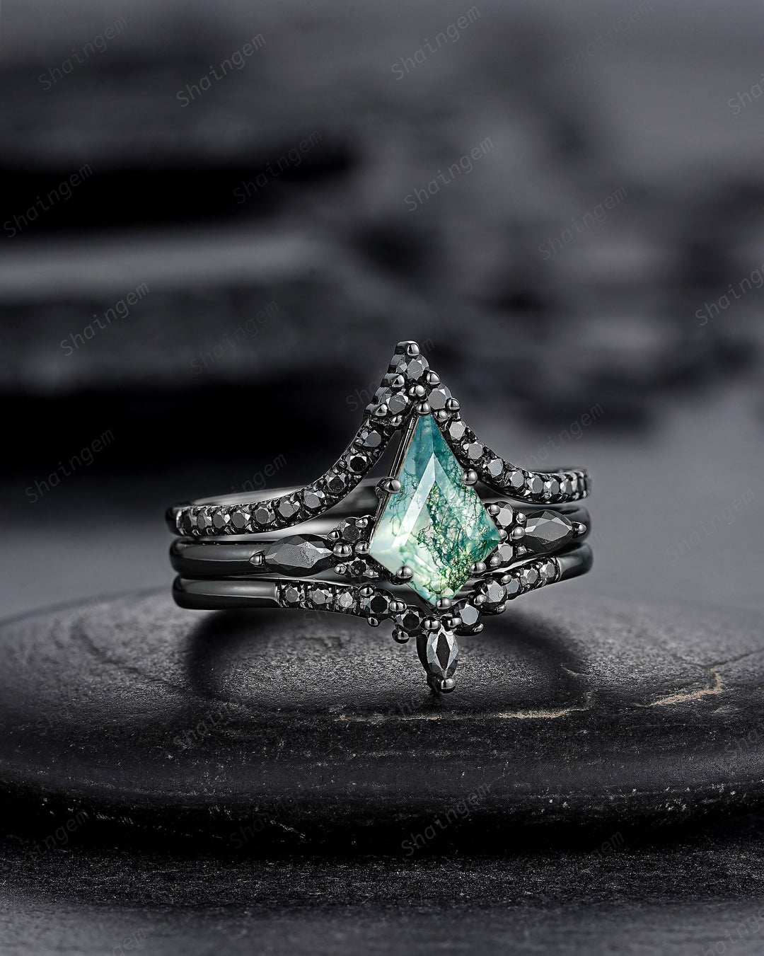 3PCS Gothic Kite Cut Moss Agate Black Engagement Ring Set, Witchy Black Gold Promise Ring, Vintage Rhodium Black Wedding Ring Gift for Women - ShainJewelry
